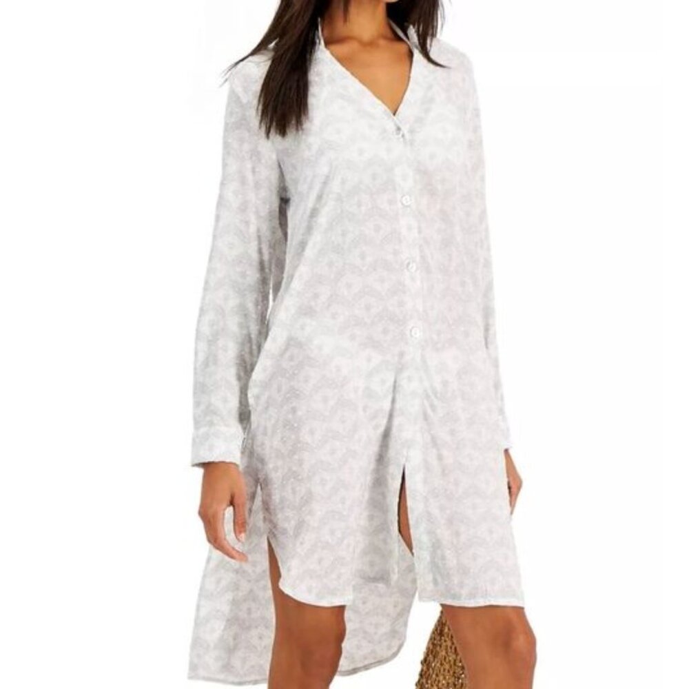 J. VALDI Grey Barcelona Tie Front Button Front Midi Coverup Shirt Size Small NWT
